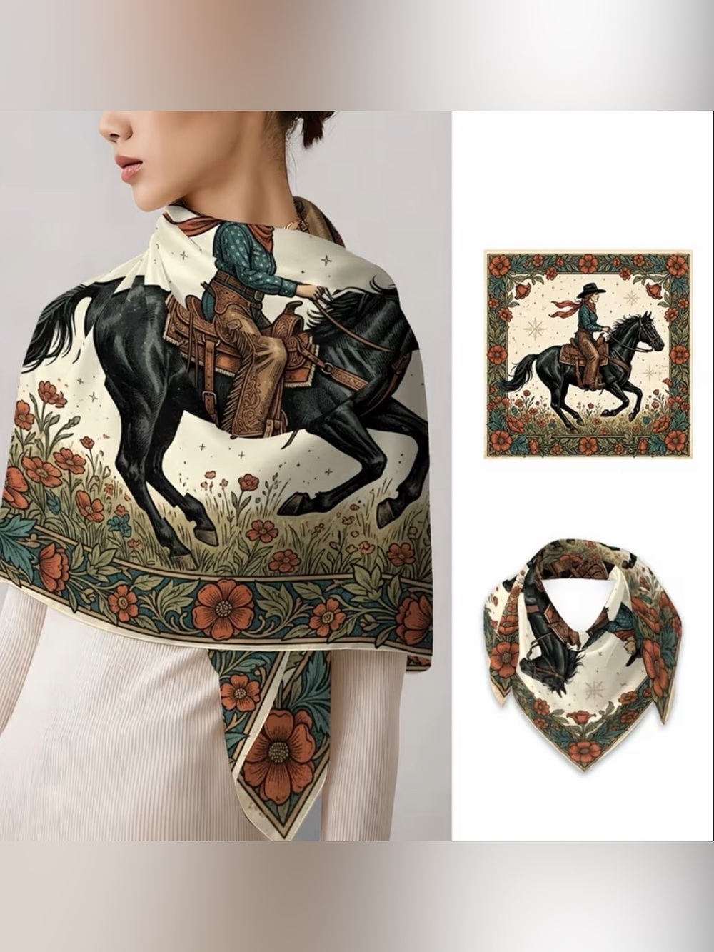 NWT Western Cowgirl Wild Rag Scarf Black Horse Floral Satin Large Square - Picture 5 of 5